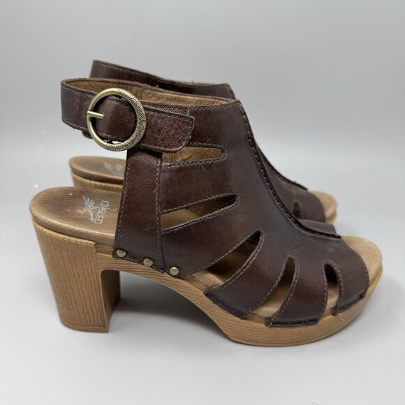 Dansko Sandals Womens 38 7.5-8 Brown Demetra Peep Toe Platform Heels Leather - Picture 1 of 9